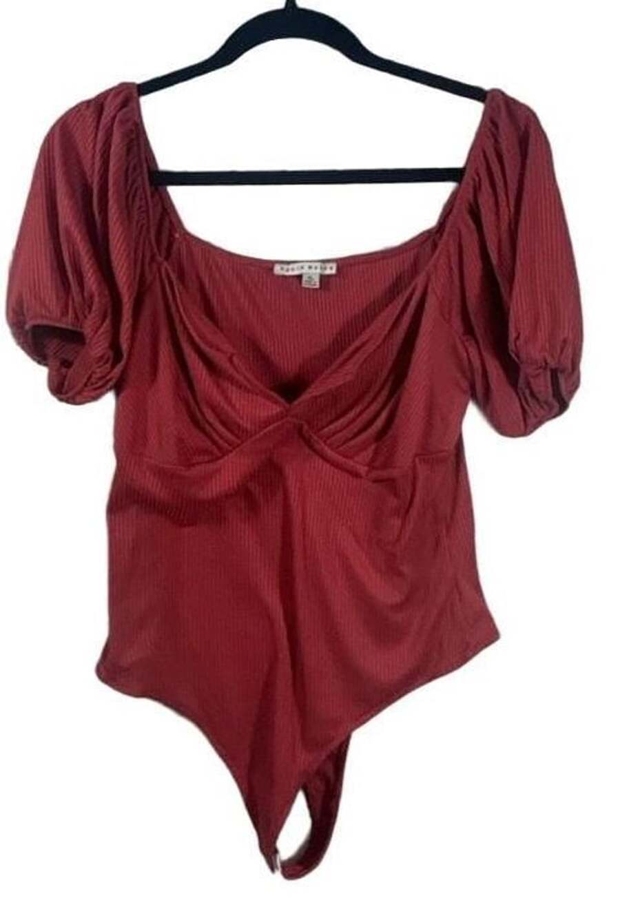 Haute Monde Red Rib-Knit Puff Sleeve Ruched Bust Bodysuit XL